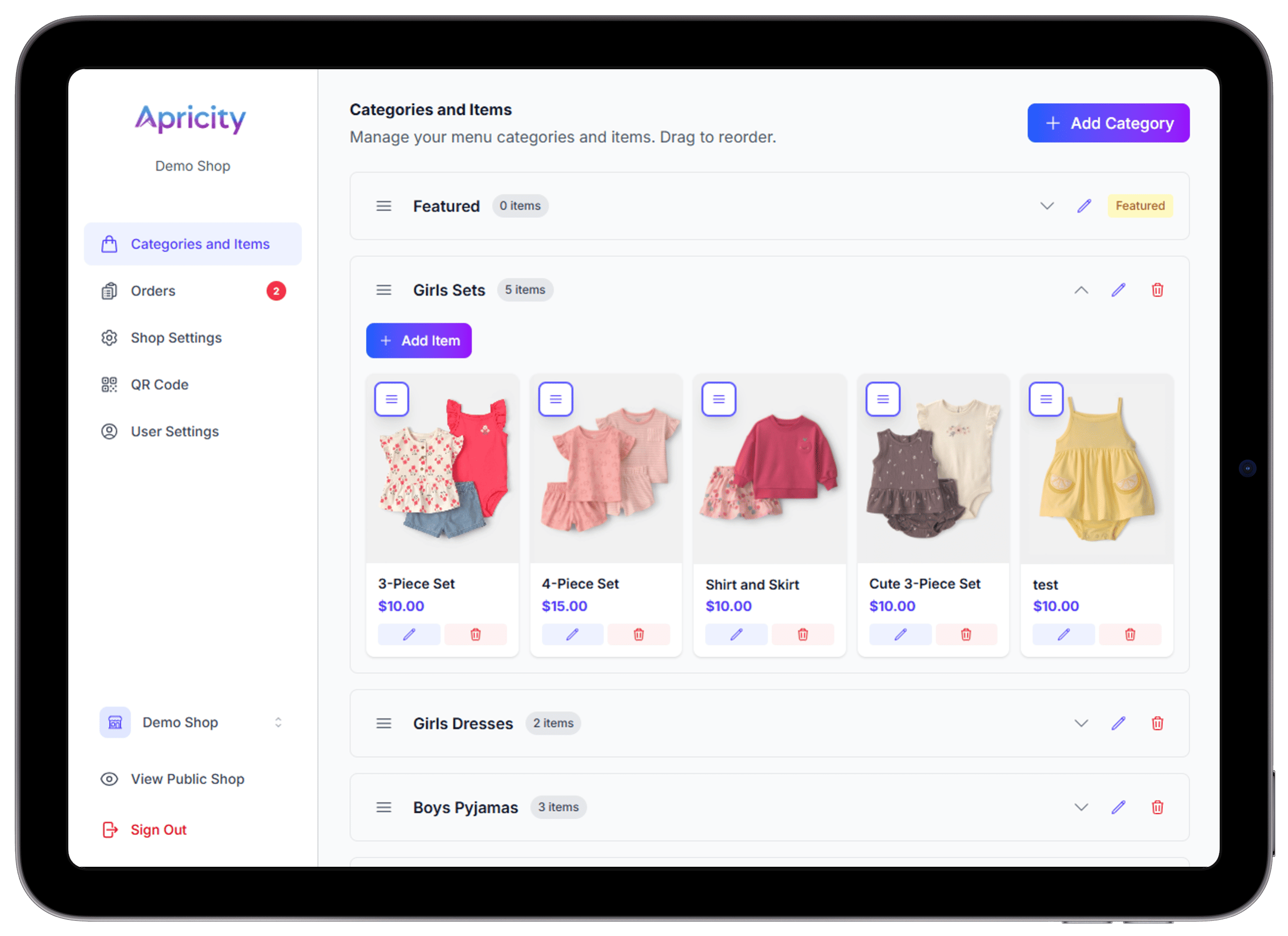 Apricity dashboard orders