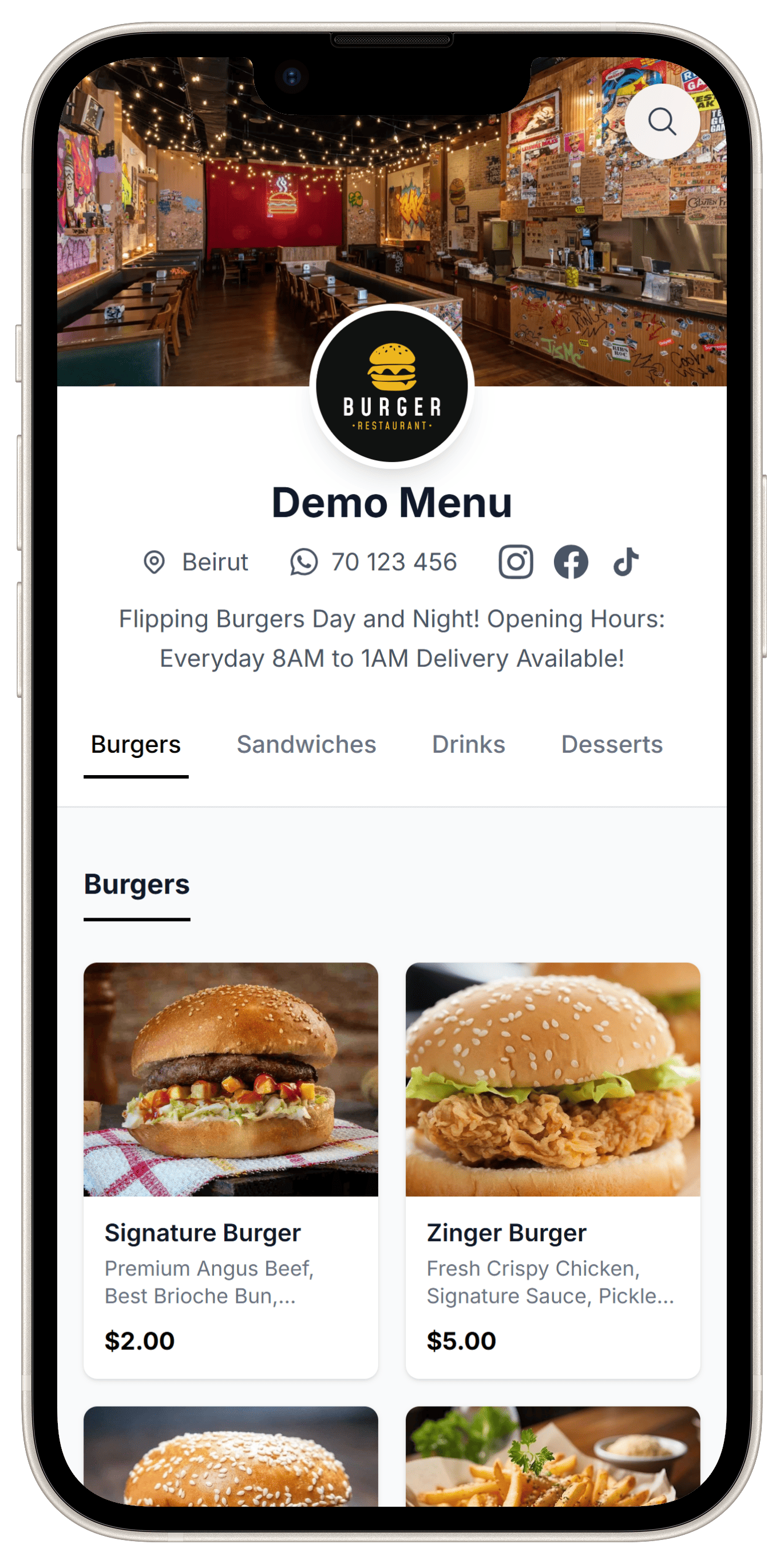 Demo restaurant menu preview