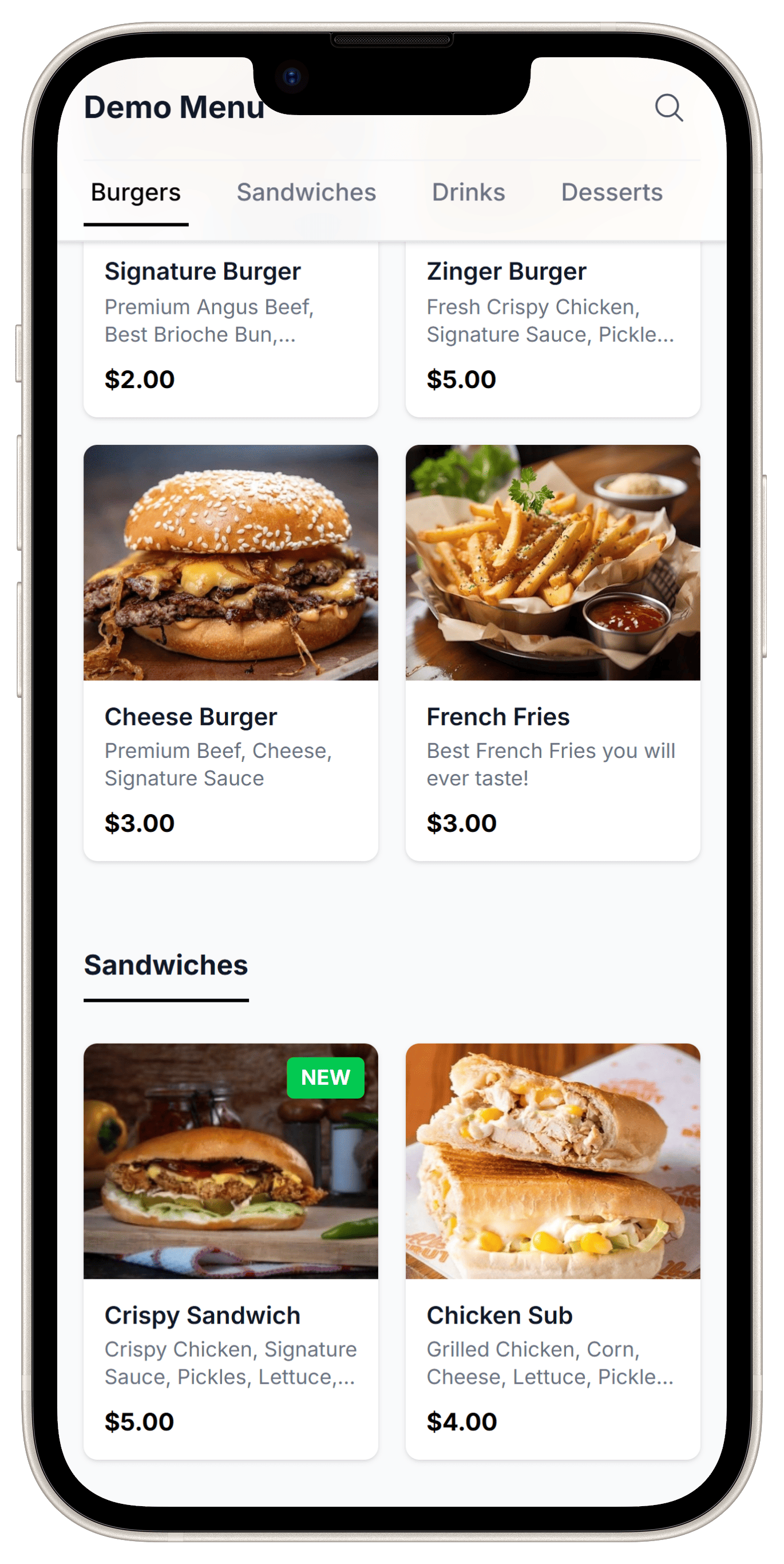 Restaurant menu category view